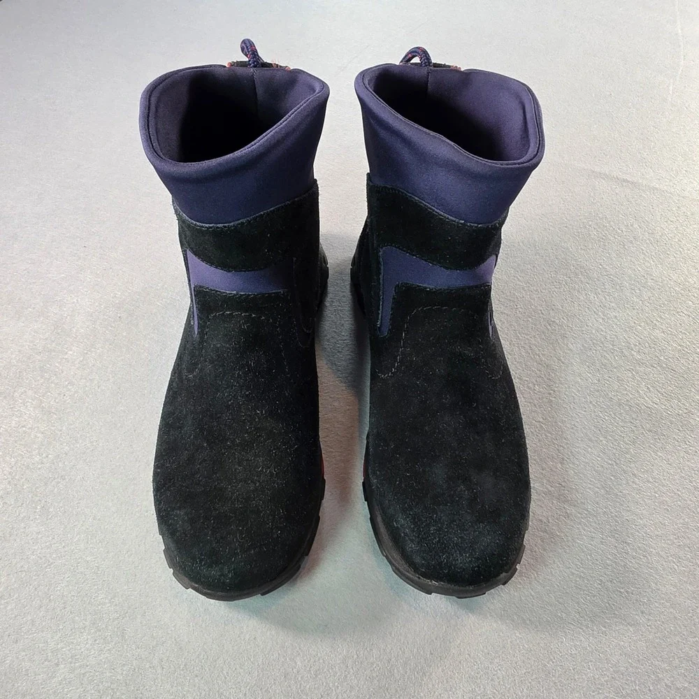 LL Bean Womens Black Suede Thinsulate Winter Boots Navy Neoprene 7.5 M 05330
